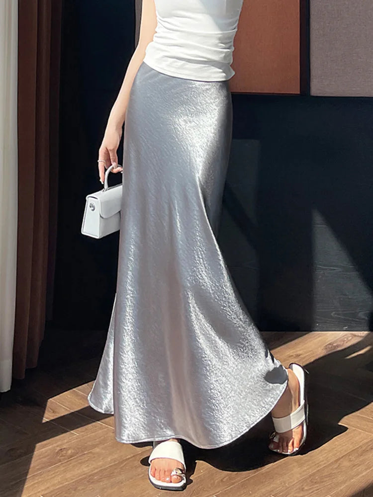Chic Satin Elegant Long Skirt Women Casual Fashion High Waist Sweet Trumpet Skirts Slim Summer Female Korean Long Skirts