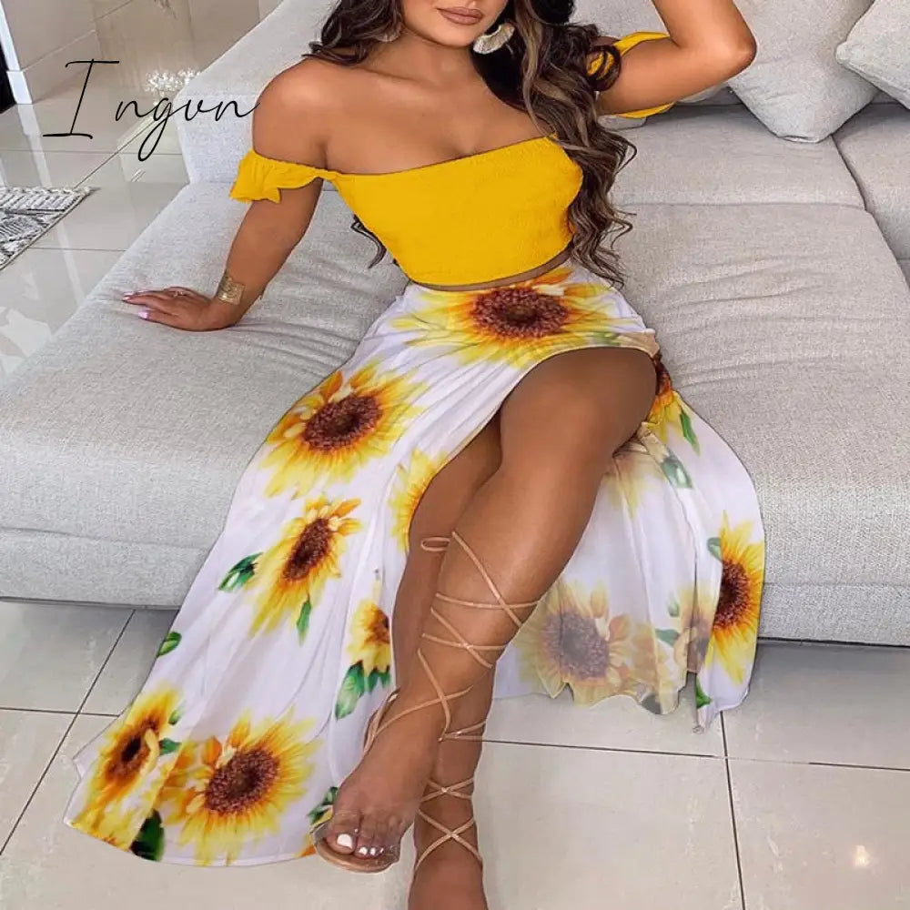 Ingvn - Off Shoulder Women Two Piece Set Sexy Slash Neck Top and Slit Summer Long Party Dress Suits Spring Floral Print Skirts Sets