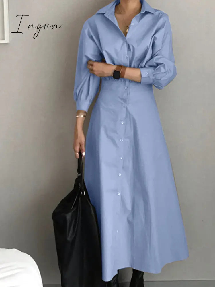 Ingvn - 2023 Fashion Female A Line Robe Solid Lapel Vestidos Women Casual Long Sleeve Dresses Elegant Maxi Shirt Dress Oversized