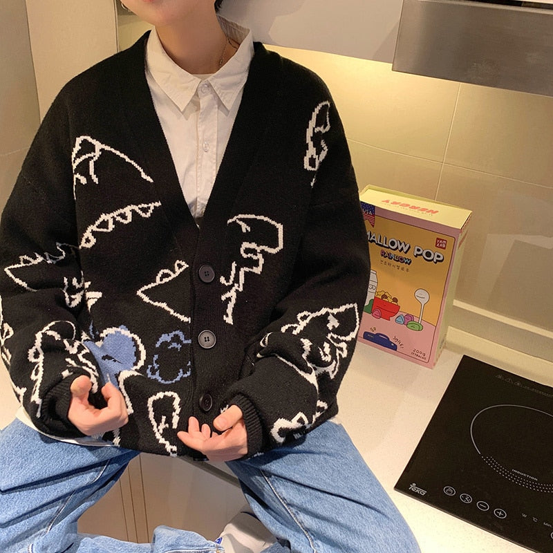 Oversized Cardigan Knitted Sweater Streetwear Loose Male Top Coat Hip Hop Sweater Cartoon Pattern Pullovers