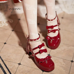 Ingvn - Lolita Sweet Girl Shoes Elegant Square Head High Heel Japanese Leather Shoes Cross Little Devil Bat Cosplay Cos Lolita Loli