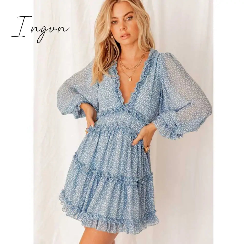 Ingvn - Harlow Floral Print Ruffle Dress women backless V-neck dress women mini summer dress ladies party dress