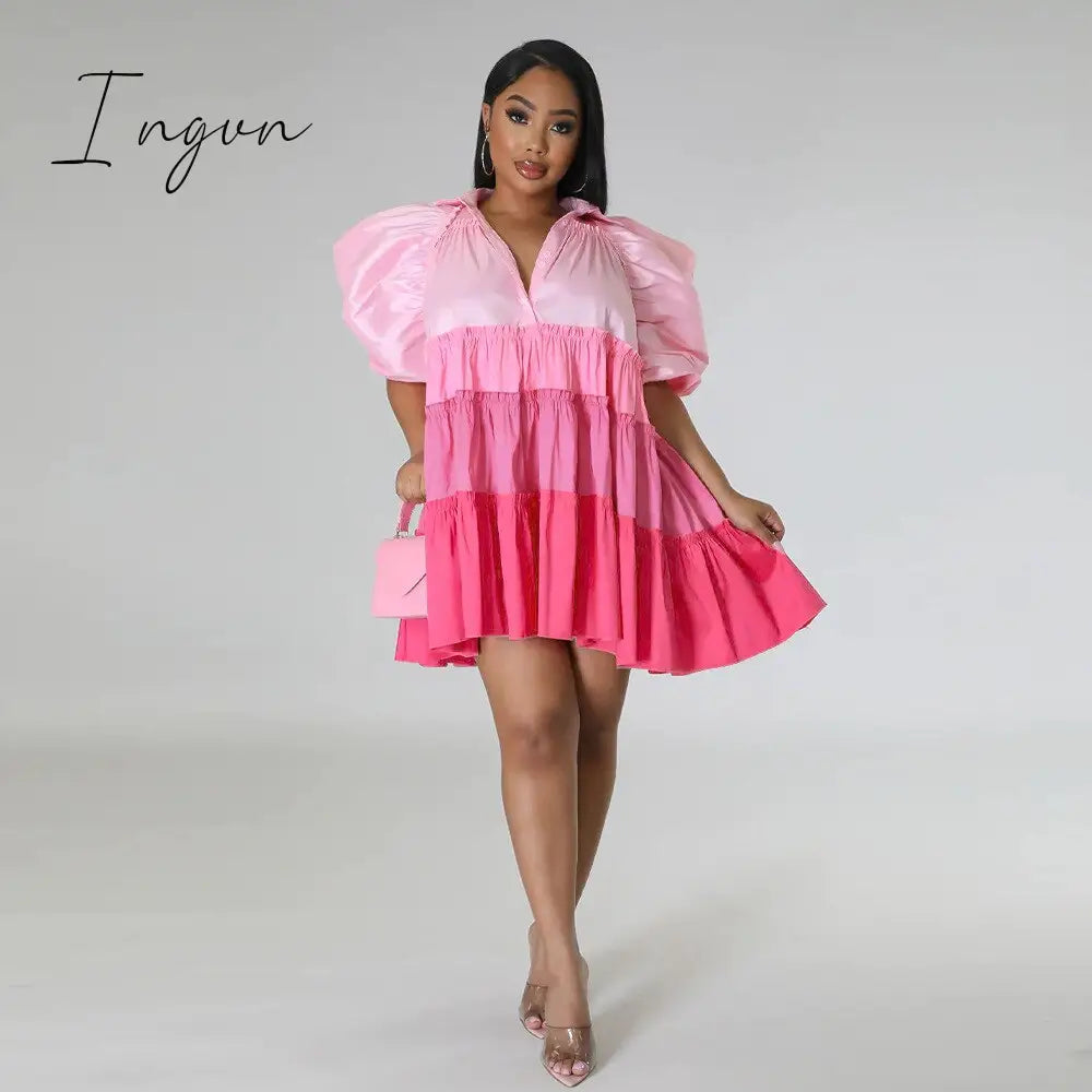 Ingvn - Women Causal Oversized Short Dress ruched Puff Sleeve Button Down Color Block Loose Shirt Dress Mini Summer Clothes 2023 New