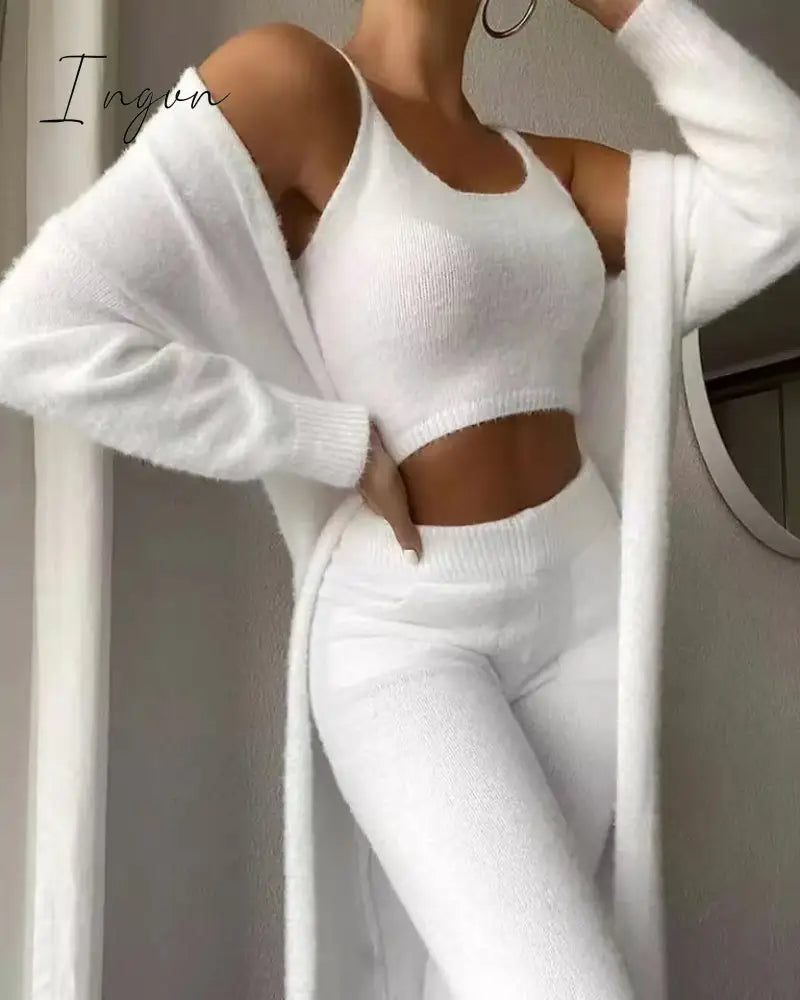 Ingvn - Brand quality Autumn Winter Fur 3 Piece Outfits Sexy Backless Crop Tops Women  Lingerie Home Service Lounge Wear Sets Tracksuit Fleece Pyjamas