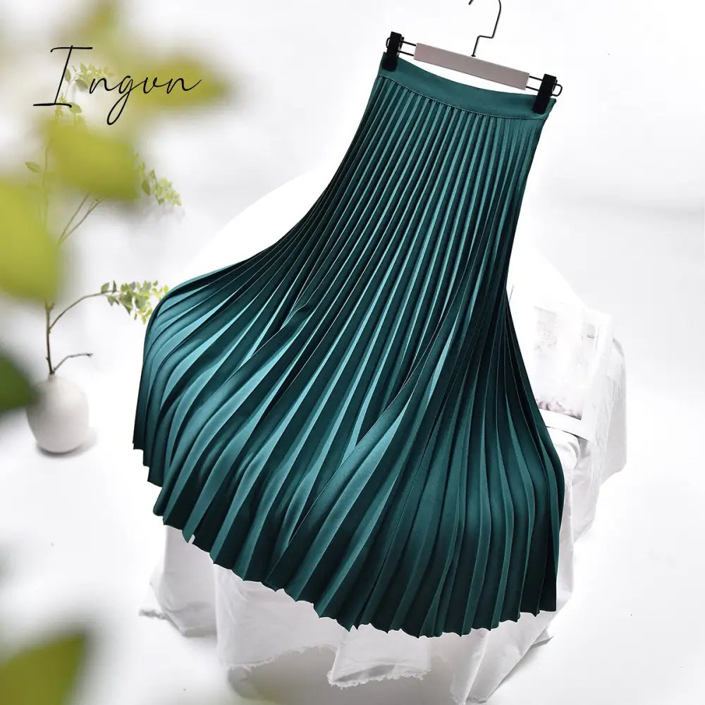 Ingvn - Brand Designer Women Spring Autumn Elegant Chic Solid Pleated Skirt High Waist Luxury Fashion With Elastic Female C-035