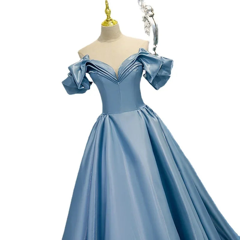 New High-End Feel Off-Shoulder Blue Satin French Style Evening Dress For Women's Formal Performance Costume