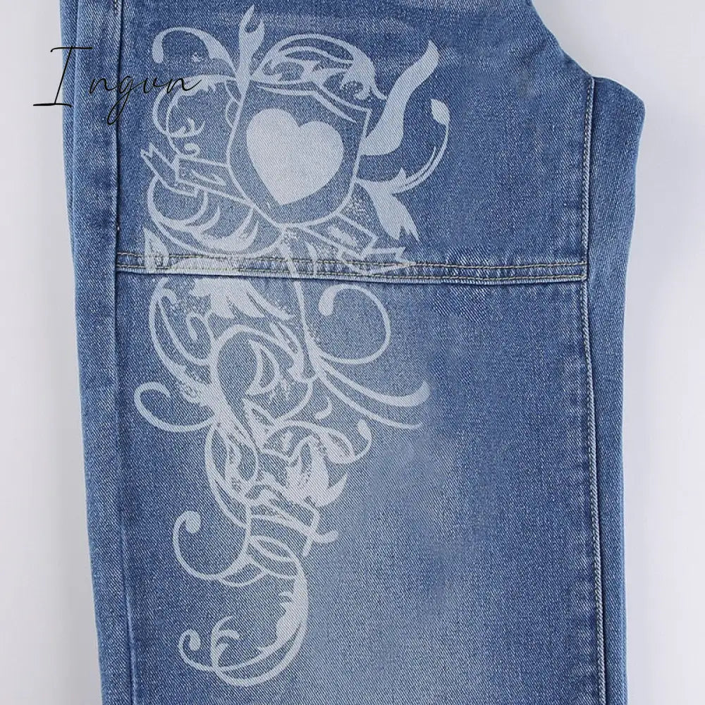 Ingvn - Spring Y2K European and American street simple printing low-waist button jeans women casual loose and thin wide-leg straight-leg pants
