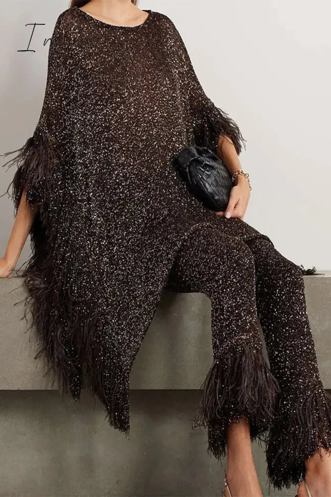 Ingvn - Casual Celebrities Solid Sequins Sequined O Neck Long Sleeve Two Pieces
