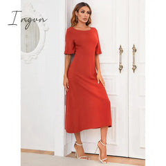 Ingvn - Hot Women's European and American Round Neck Solid Color Long Dress