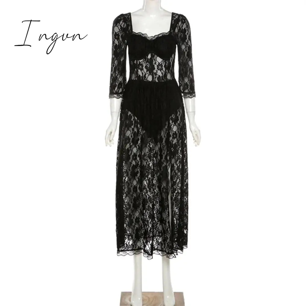Ingvn - Summer Sexy Party Split Lace Bodycon Woman Maxi Dress Club Square Collar Black Elegant Women's Dresses
