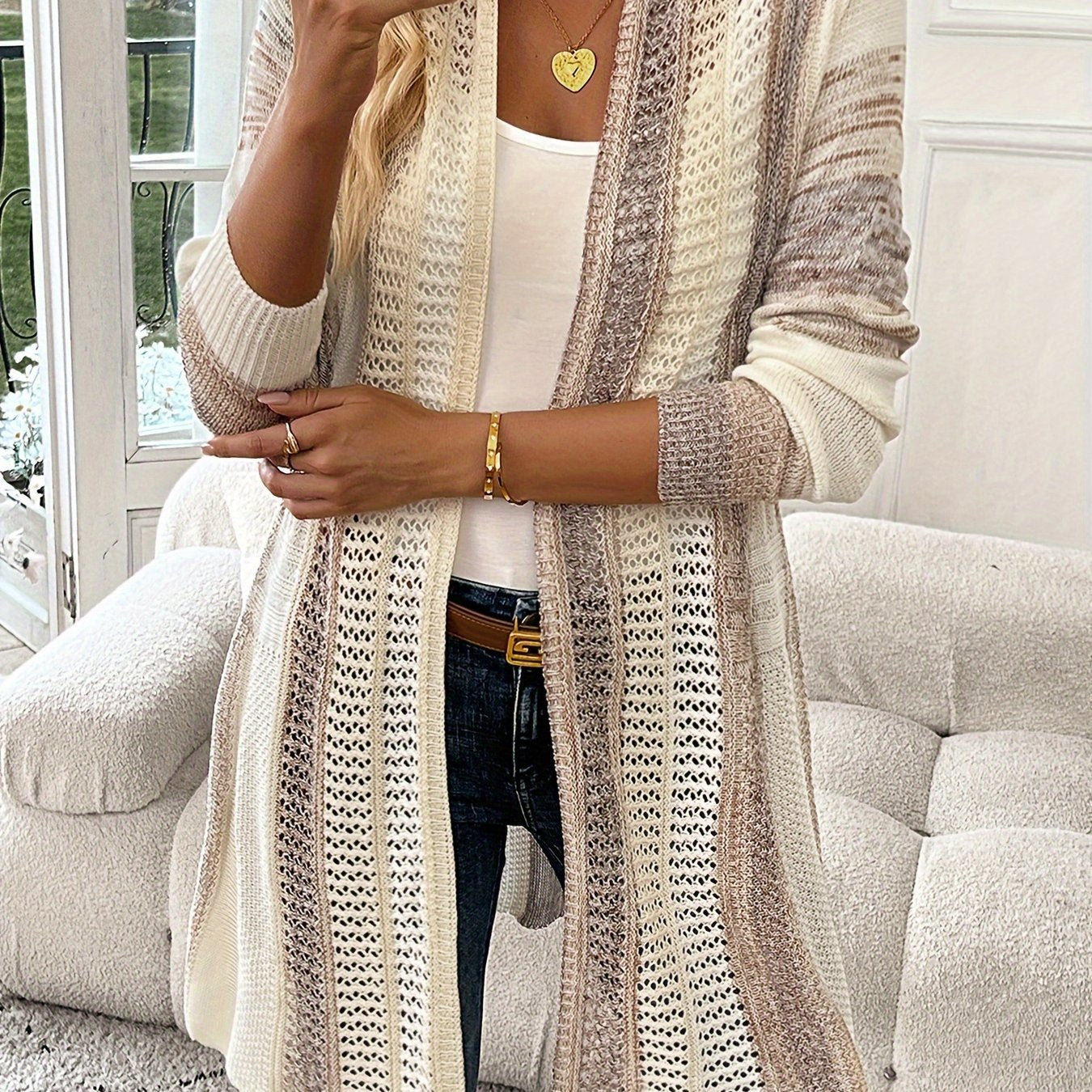 Long Sleeve Color Block Open Front Knitted Cardigan for Spring & Fall, Casual Women's Clothing