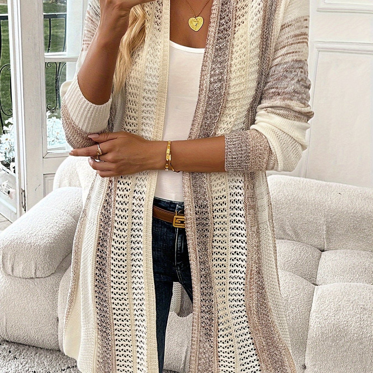 Long Sleeve Color Block Open Front Knitted Cardigan for Spring & Fall, Casual Women's Clothing