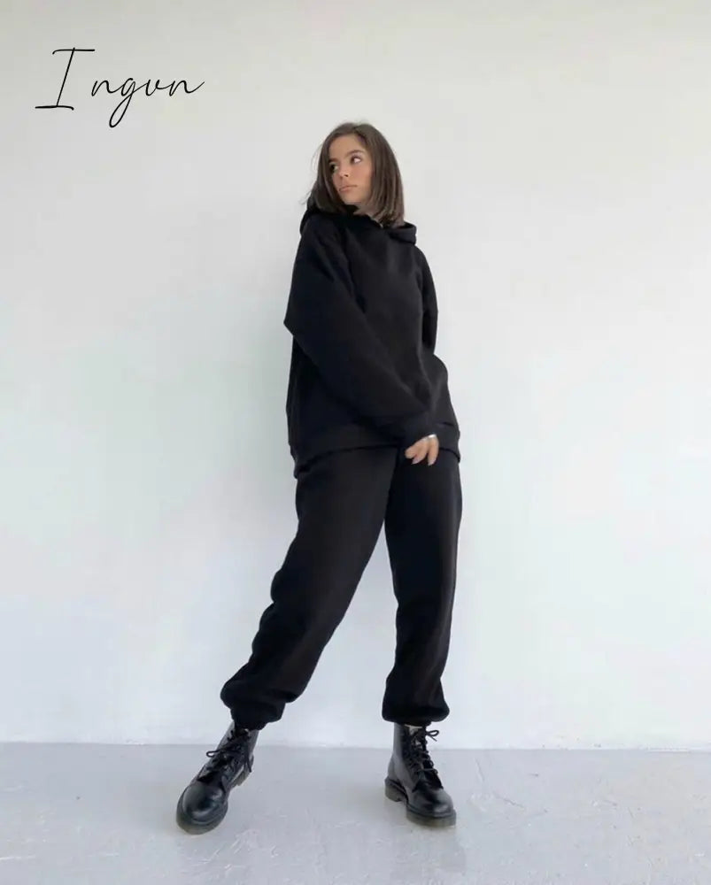 Ingvn - 2 Piece Set Women Spring Autumn Tracksuit Solid Hooded Sweatshirt Top And Wide Leg Pants Suits Loose Casual Fashion Sportswear