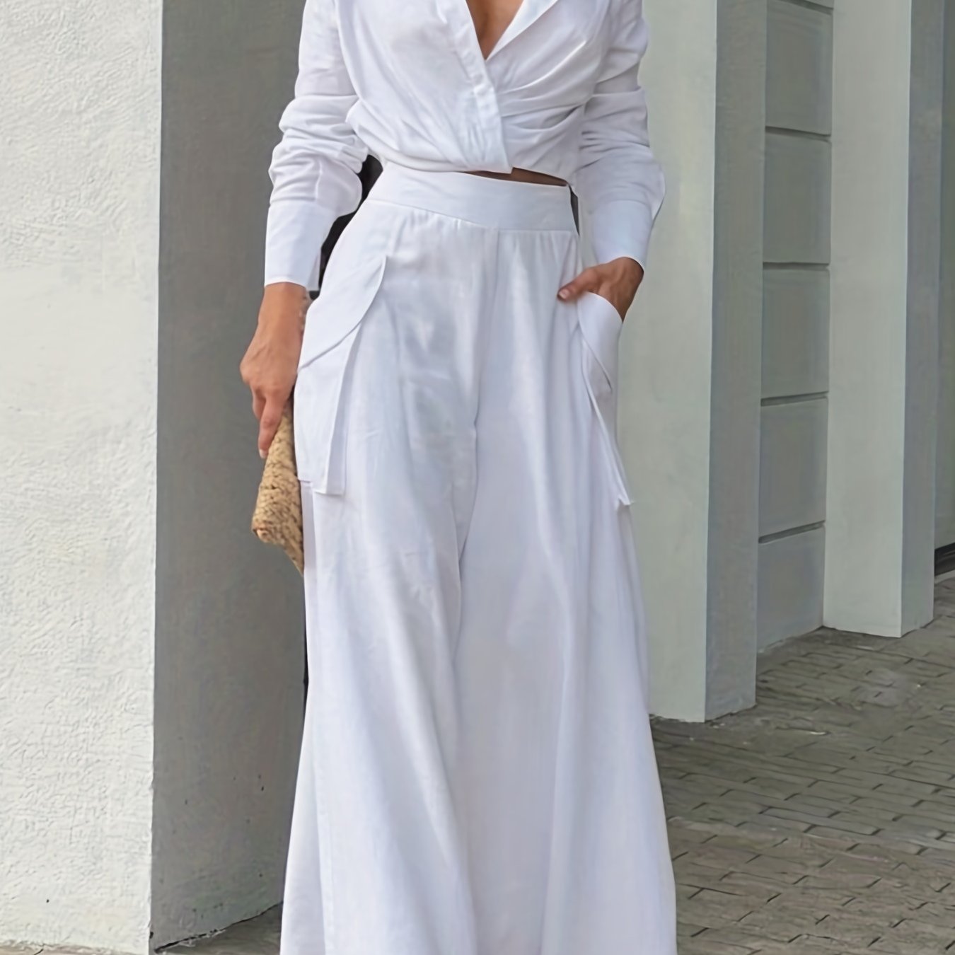 Two-piece Set, Long Sleeve Casual Matching Women's Clothing, Wide Leg Pants Outfits Blouse