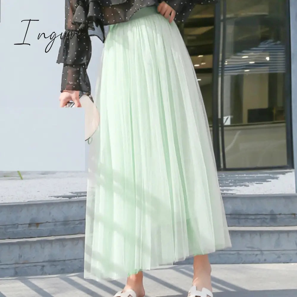 Ingvn - Autumn Winter Vintage Tulle Skirt Women Elastic High Waist Mesh Skirts Long Pleated Tutu Skirt Female Jupe Longue