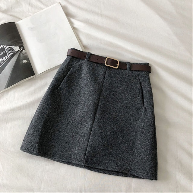 Voguable England Solid Women Belt Skirt winter fashion High Waist A-line pocket Skirt Females Mini Office ladies 5 color casual Skirts