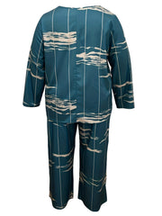 Plus Size Casual Outfits Two Piece Set, Women's Plus Random Print Long Sleeve Round Neck Top & Wide Leg Pants Outfits 2 Piece Set