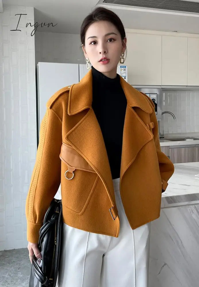 Ingvn - Women's Autumn Coat Pockets Solid Loose Short Jackets Ladies Wool &amp; Blends High Street Spring Woolen Coats for Women