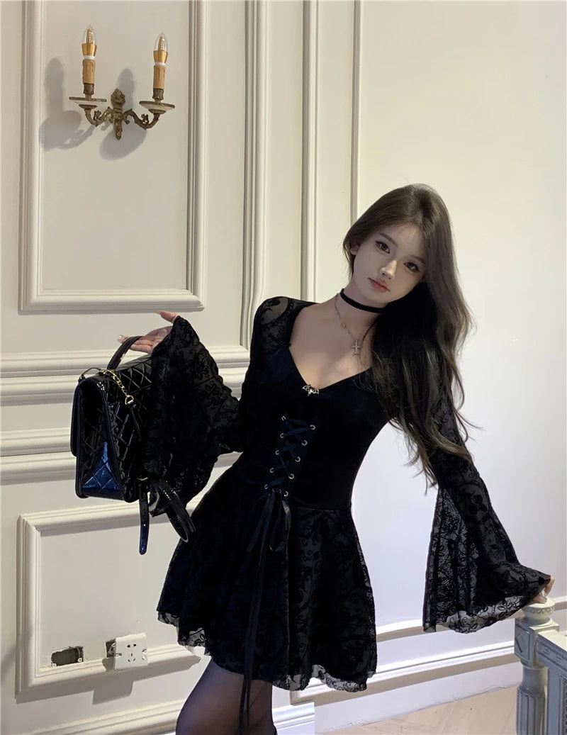 Vintage Black Gothic Velvet Short Dresses for Women Autumn New Y2K Lace Long Sleeve A-line Birthday Party Lace-up Female Clothes