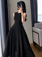 Ingvn - 2023 Summer Black Sleeveless A-line Vest Dress Women Streetwear Sweet Sexy Long Dresses Woman Party Club Dress Fashion Vestido