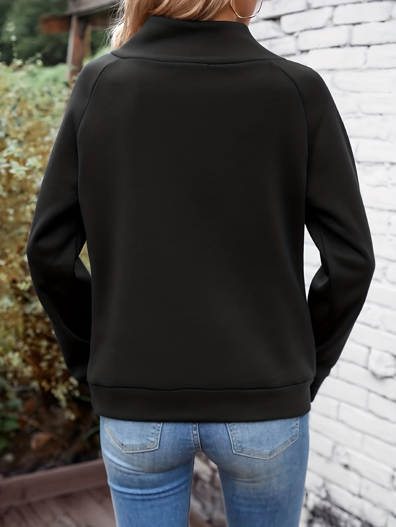 Solid Mock Neck Button Sweatshirt, Elegant Long Sleeve Sweatshirt For Fall & Winter, Women's Clothing