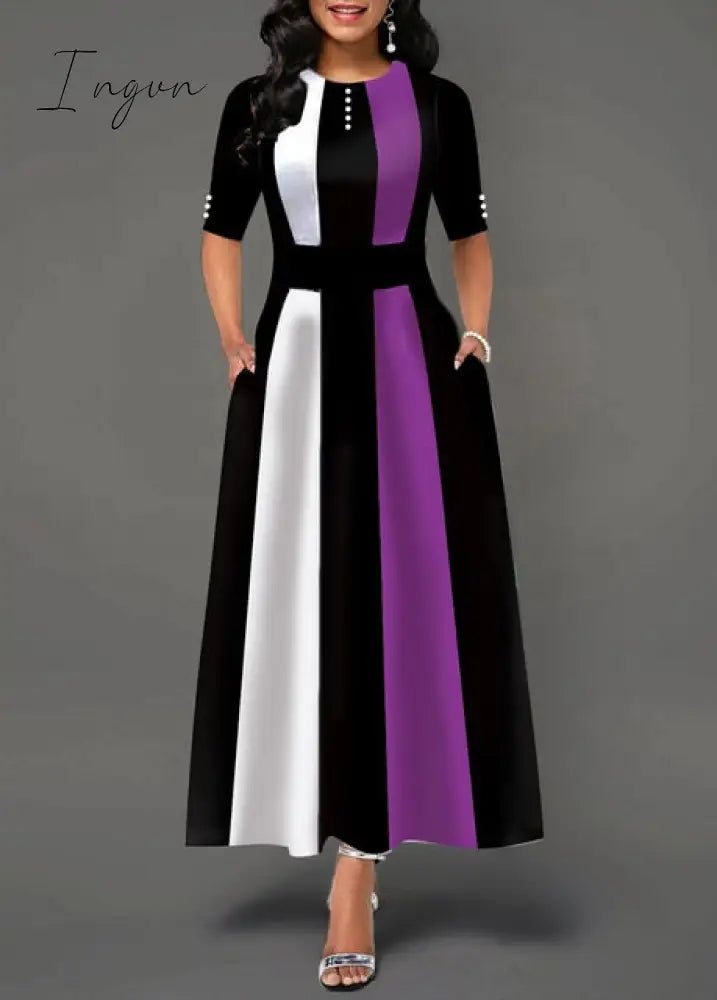 Ingvn - Ladies Fashion Half Sleeve Dress Women Elegant Round Collar Geometric Printing Splicing Temperament Maxi Dress For Ball Party