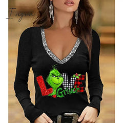 Ingvn - Women's T shirt Tee Green Wine Fuchsia Christmas Tree Sparkly Print Long Sleeve Christmas Weekend Basic V Neck Regular Painting S / 3D Print