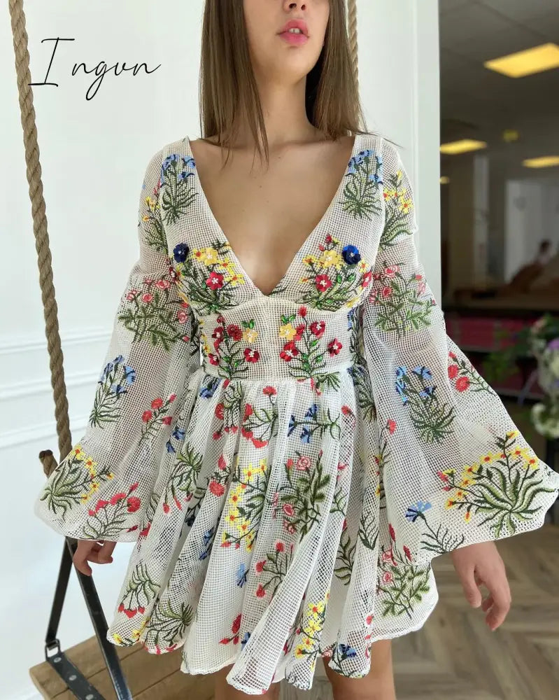 Ingvn - Women's Dress Spring Mesh Floral Embroidery Sexy V-Neck Dresses Cute Lantern Sleeve Mini Dress