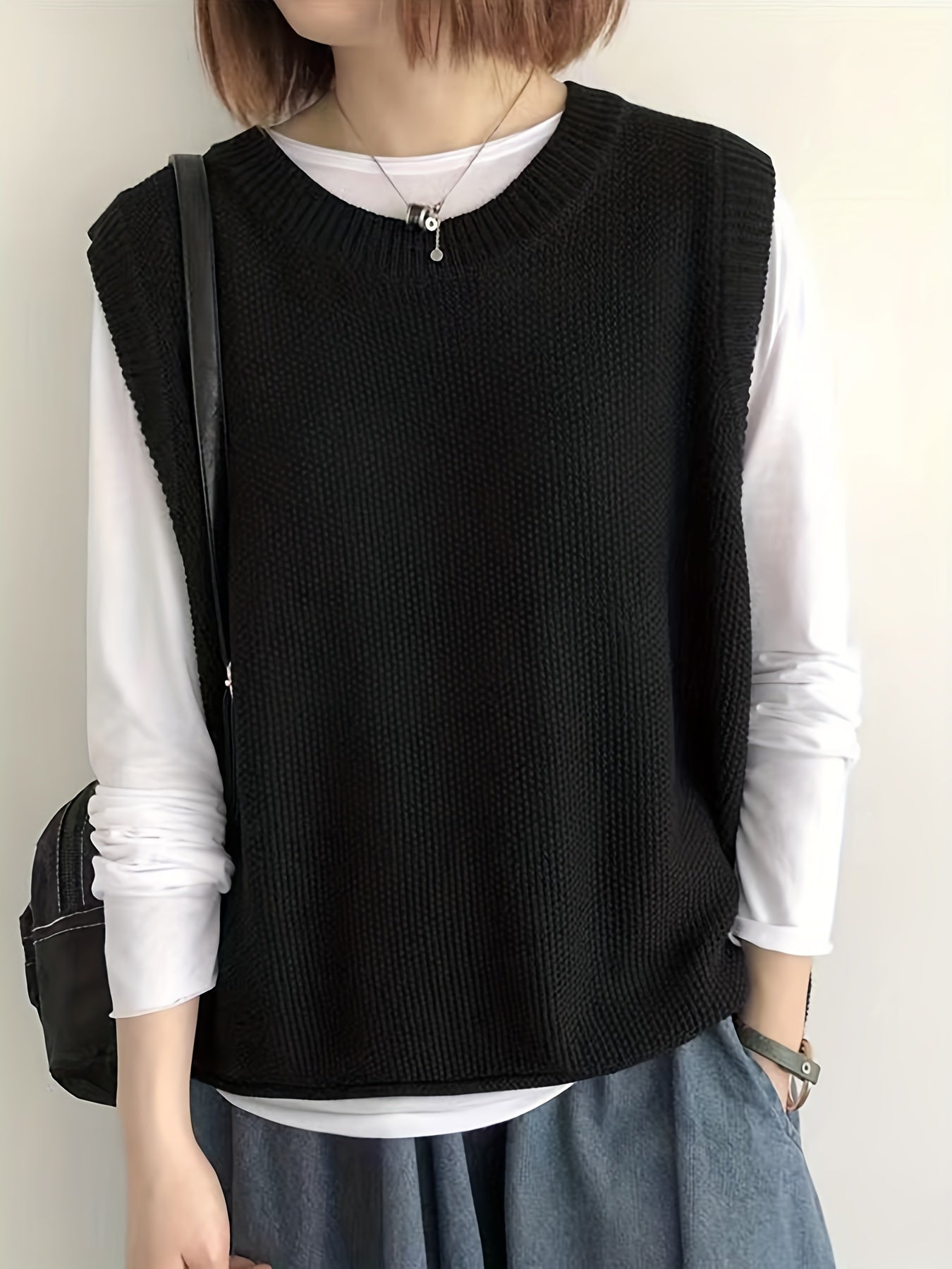 Women's Casual Solid Crew Neck Knitted Sleeveless Loose Fit Vest Sweater, Soft and Cozy Winter Clothing