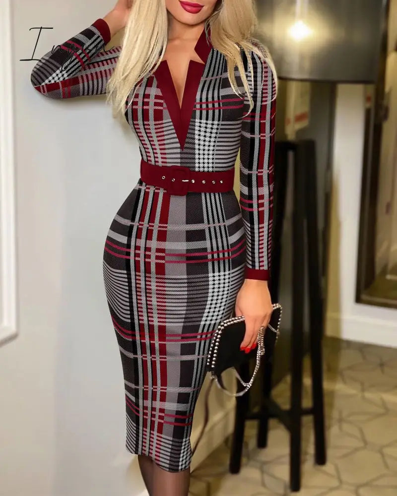 Ingvn - Spring Outfits Trends Office Lady Long Sleeve V-neck Maxi Dress Spring Autumn Vintage Print Slim High Waist Belted Vestidos De Mujer Elegant Dresses