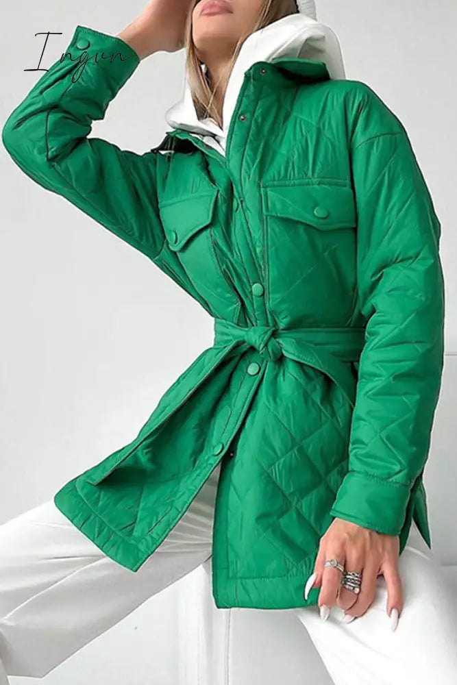 Ingvn - Casual Solid Bandage Patchwork Turndown Collar Outerwear