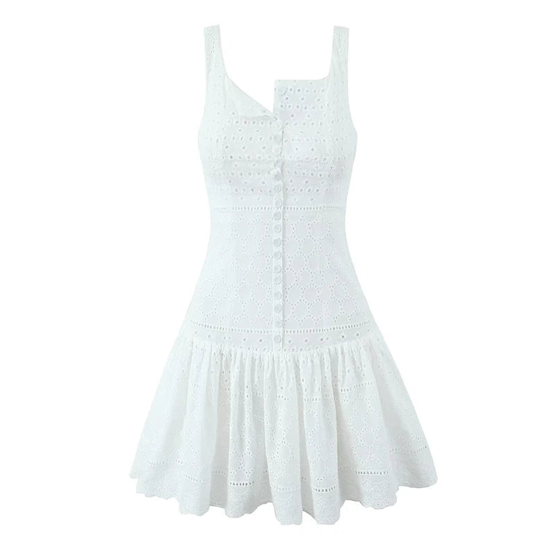 Front Button Hollow Out Embroidery White Tank Dress For Women Sleeveless Low Waist A-line Mini Holiday Summer Dresses