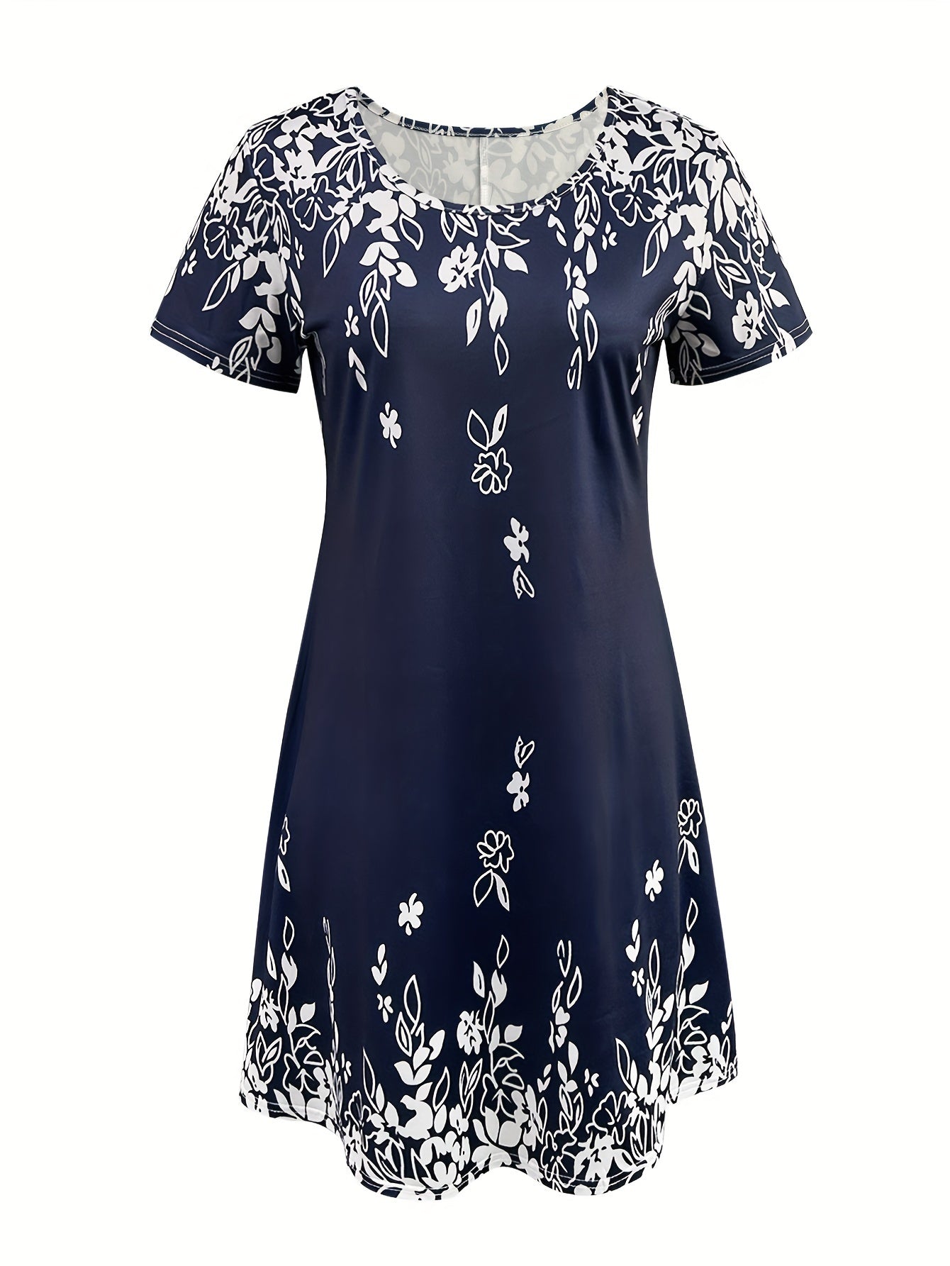 Feminine Floral Print Short Sleeve Dress - Stylish Crew Neckline - Lightweight & Breathable for Spring & Summer - Perfect Casual Wear for Women