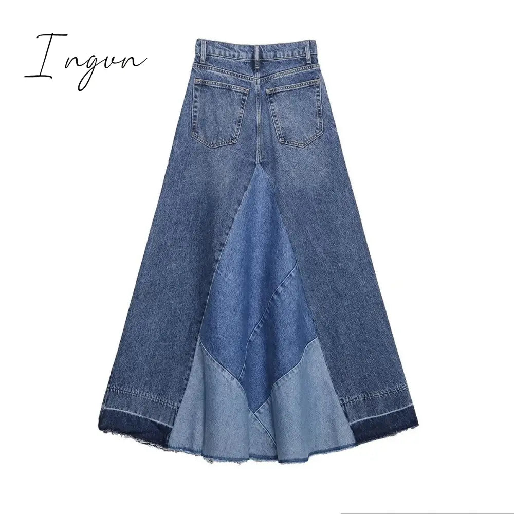 Ingvn - Women 2023 Fashion Denim Blue Skirts Highstreet Patchwork High Waist Midi Skirts A-Line Design Female Bottoms