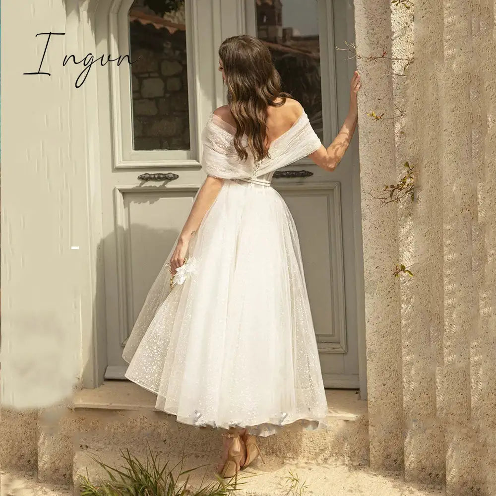 Ingvn - womens fashion Bling Glittter Boho Wedding Dresses For Women Sweetheaart Tulle Point Net Tulle Beach Short Bridal Gown Cheap Civil