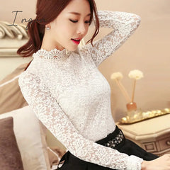 Ingvn - Fashion Plus Size Lace Crocheted Hollow Out Top Stand-up Collar White Blouse Woman Sweet Long Sleeve Shirts Blusas