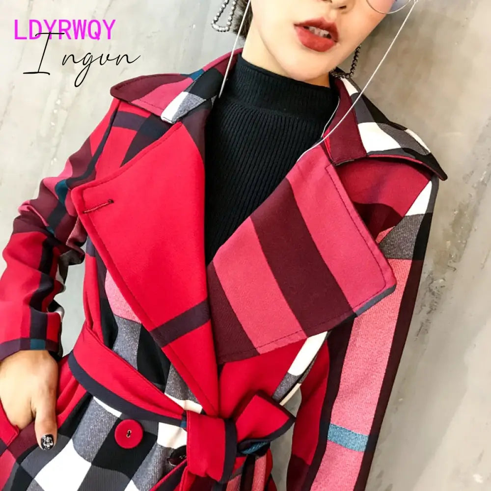 Ingvn - Thickened autumn and winter new women's lapels in the long simple color matching retro plaid coat temperament windbreaker