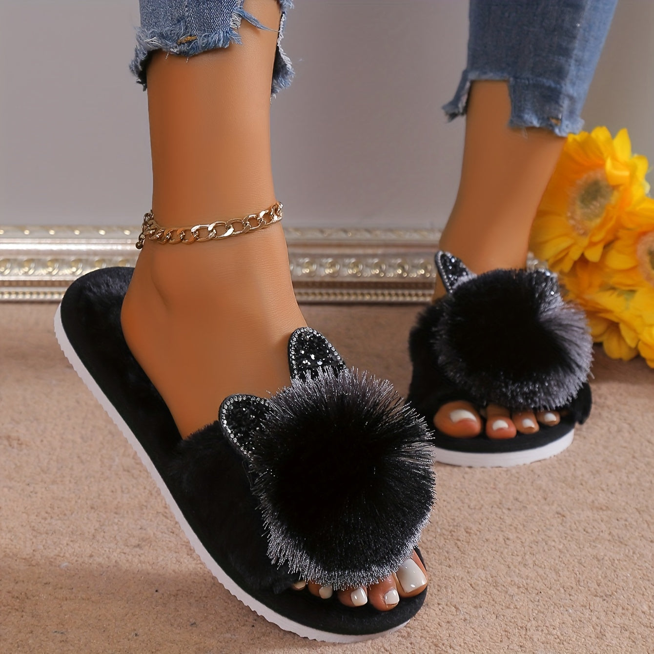 Cute Pom-pom Cat House Slippers, Cozy Open Toe Plush Flat Floor Shoes, Winter Warm Home Fuzzy Slippers