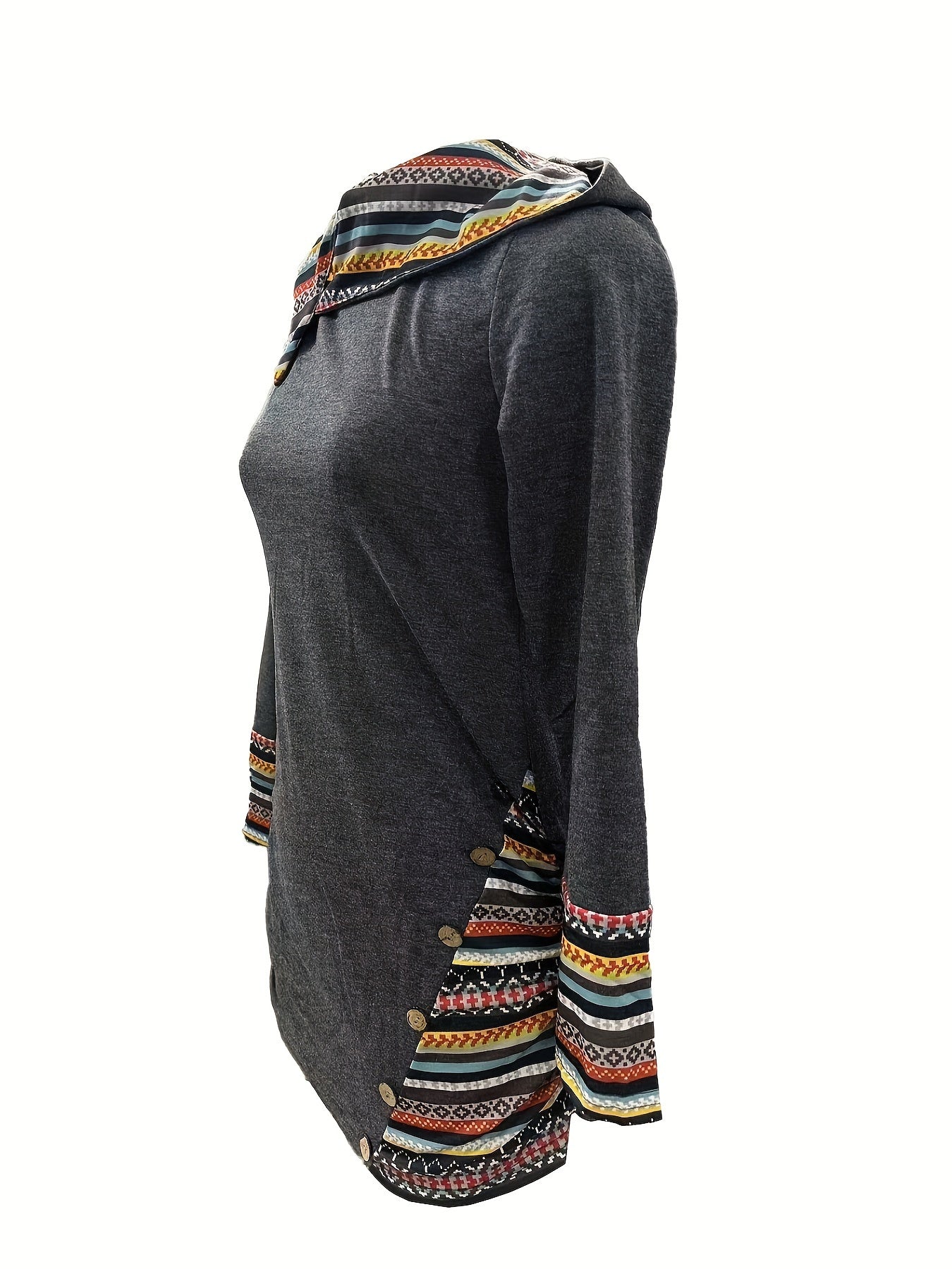 Trendy Stripe Hoodie with Button Accent - Long Sleeve Splicing Design - Cozy Casual Wear for Women
