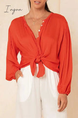 Ingvn - Buttons Design Lace-up Red Blouse