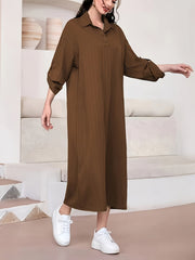Elegant Women's Solid Textured Half Button Collared Midi Dress with Adjustable Long Sleeves for Spring & Fall