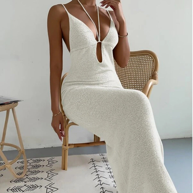 Women's Pure Desire Sexy Hollow Strap Neck Strap Stitching dress Long Dress