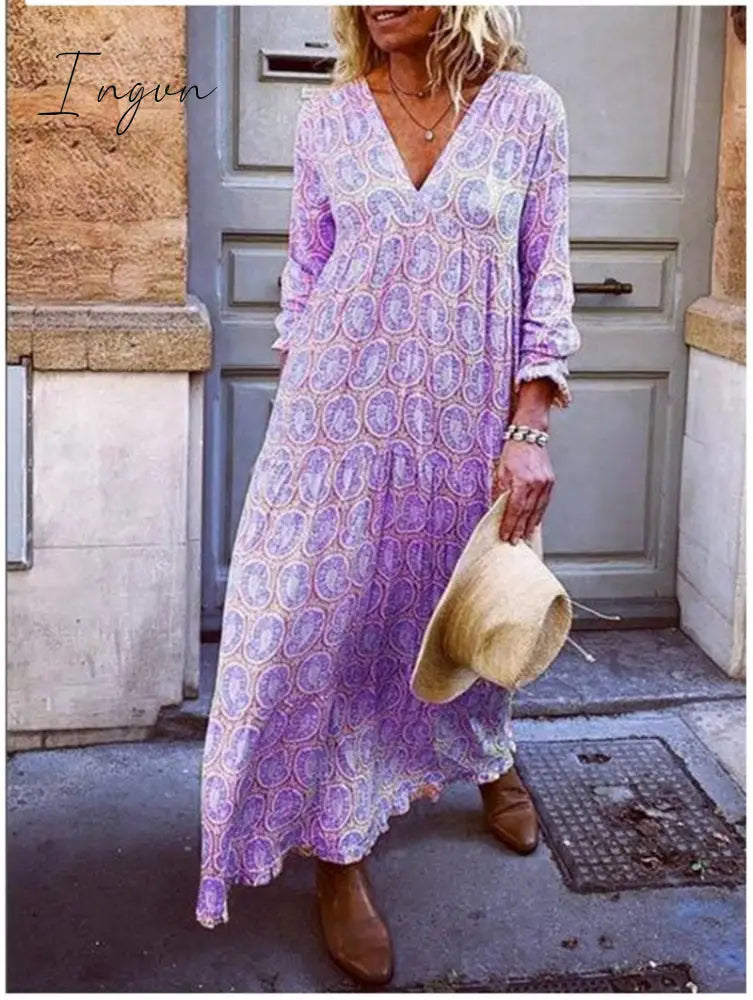 Ingvn - V Neck Pink Women Dresses Holiday Holiday Floral Dresses