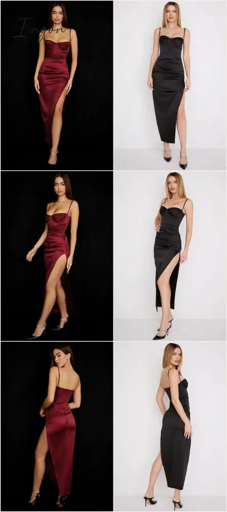 Ingvn - High Side Split Satin Dresses Women Spring Sexy Sleeveless Backless Party Outfit Solid Bodycon Black Evening Dress