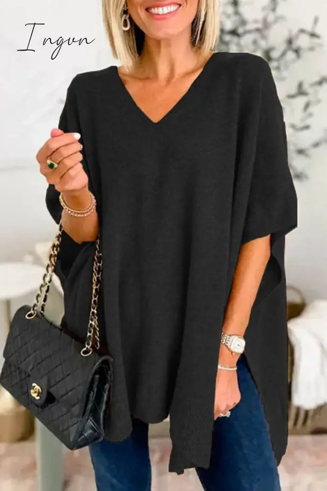 Ingvn - Casual Simplicity Solid Slit V Neck Tops