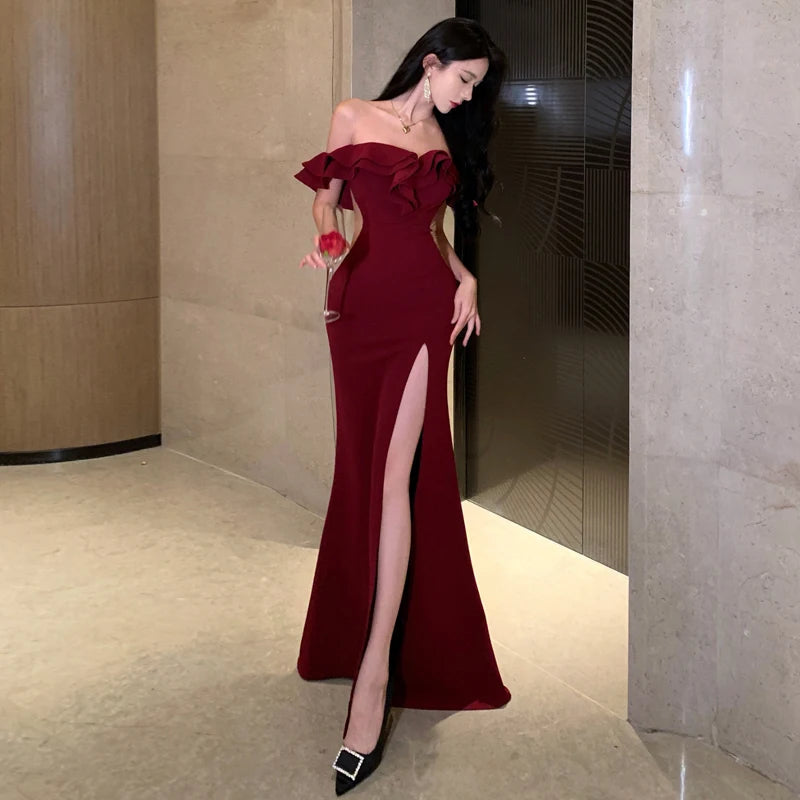 Vintage Red Sexy Backless Long Dresses Women Summer Elegant High Split Ruffles Luxury Evening Party Off Shoulder Female Clothing