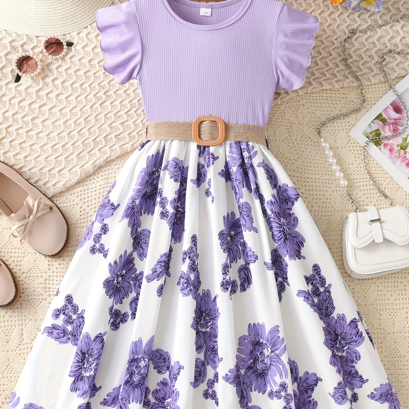 Girls Charming Floral Embroidered Dress - Soft Ribbed Flutter Sleeve - Perfect for Summer Casual Wear