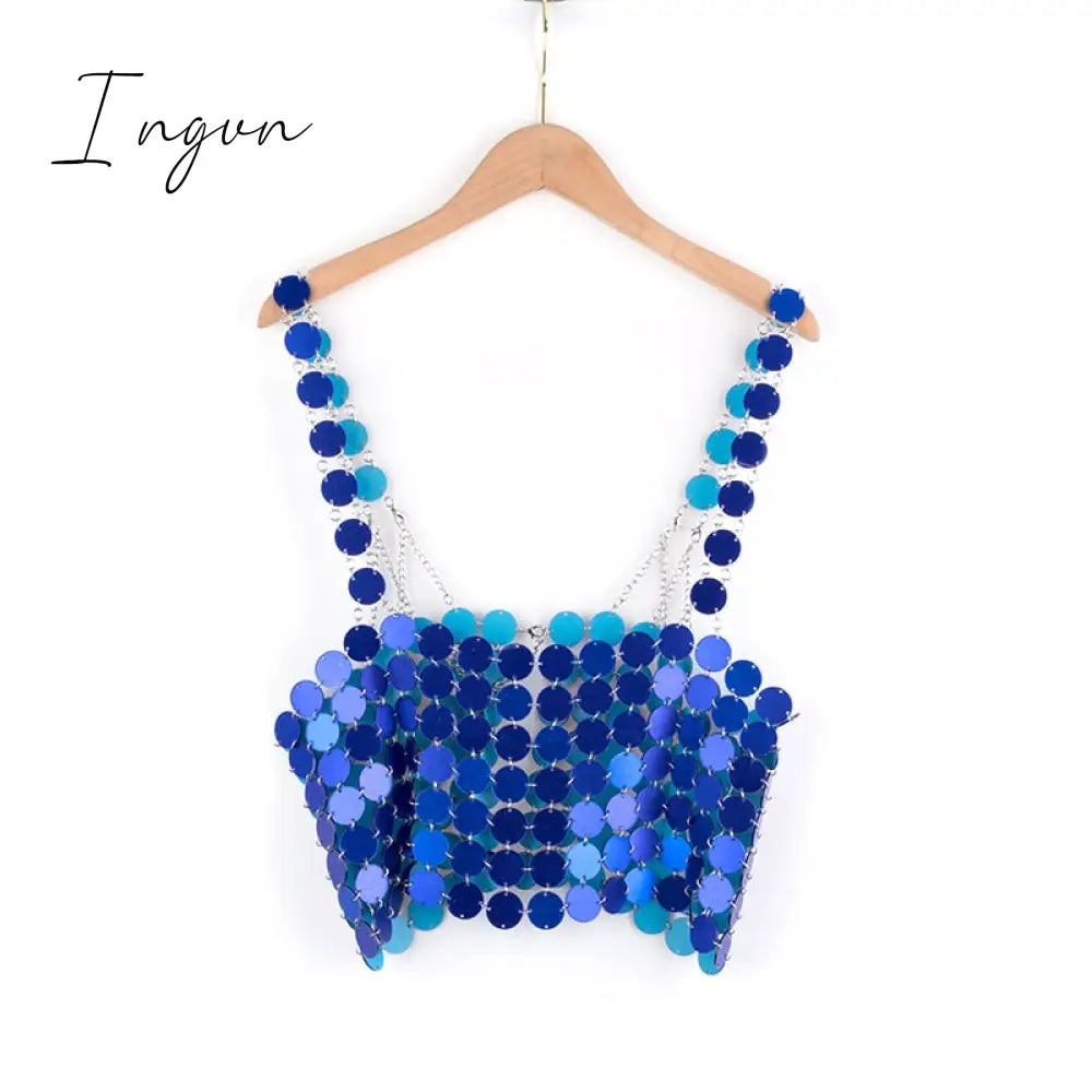 Ingvn - Leqoel Women Sequined Tank Tops for Women Fashion Female Clothing Shiny Metal Shoulder Strap Sexy Backless Mesh Crop Top
