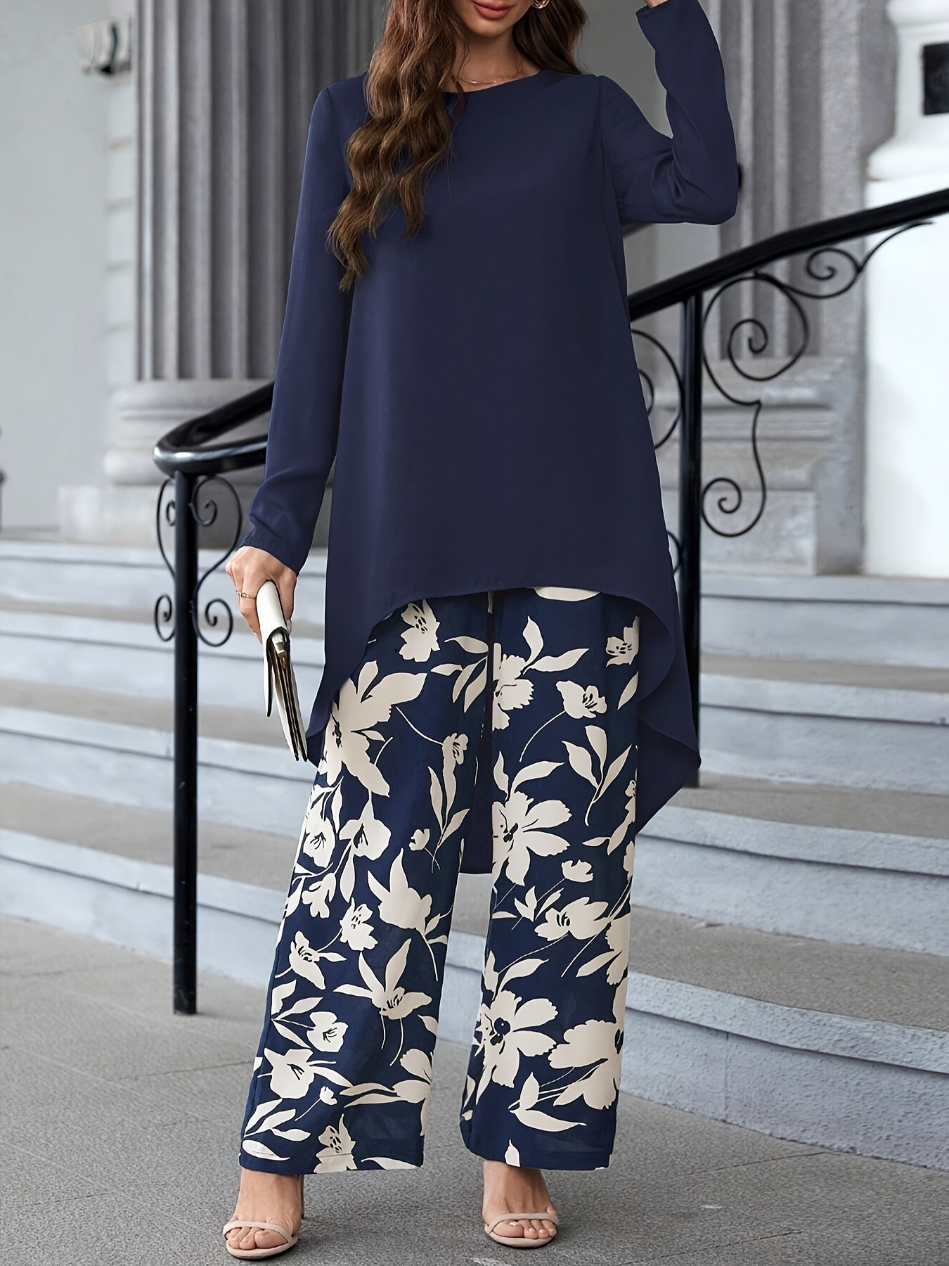 Two Piece Set: Solid Long Sleeve Crew Neck Top & Floral Print Wide Leg Pants for Spring & Fall, Women's Elegant Outfits