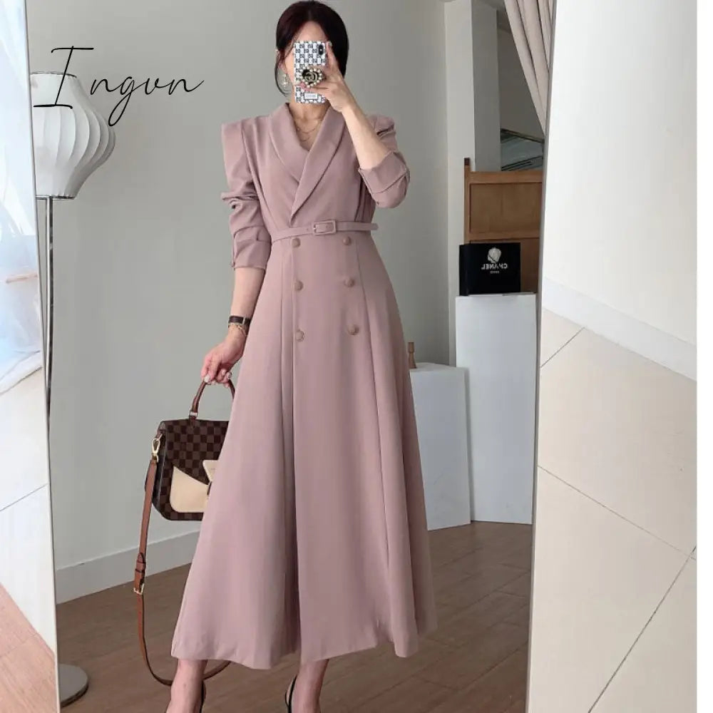 Ingvn - New French Spring Elegant Double Breasted Belted Sashes Women Suit Dress Autumn Office Long Sleeve Slim Waist Female Dress